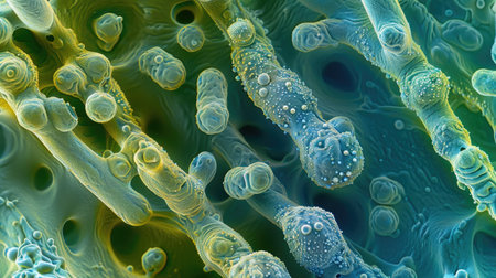 Detailed macro image reveals microorganisms with thin cell walls in linear arrangement, Ai Generated.の素材