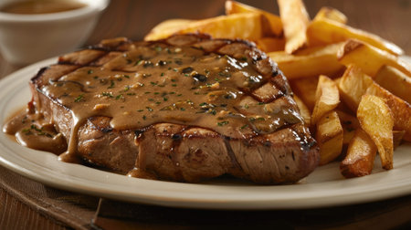 Enjoy classic American steak with chips and rich gravy at the bar, Ai Generatedの素材