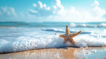 sandy tropical beach, rolling waves, and a lone starfish. Ai Generatedの素材