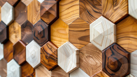 Wooden hexagons form a geometric fall in a captivating 3D front view, Ai Generated.の素材