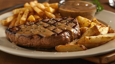 Enjoy classic American steak with chips and rich gravy at the bar, Ai Generatedの素材
