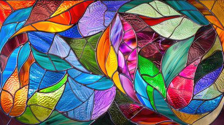 Vibrant hues grace a stained glass window background with abstract shapes, Ai Generated.の素材