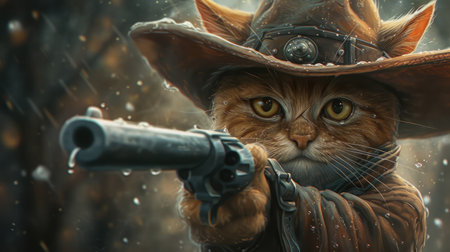 Unexpectedly fashionable kitty wields a gun with swagger, Ai Generatedの素材