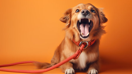 With leash in mouth, a dog sits eagerly, ready for a walk, a symbol of enthusiasm and readiness. Ai Generated.の素材