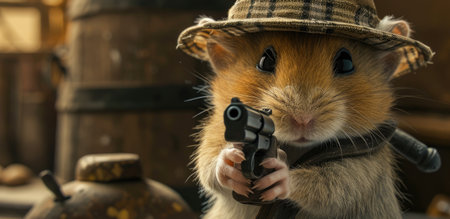Unexpectedly fashionable hamster wields a gun with swagger, Ai Generatedの素材