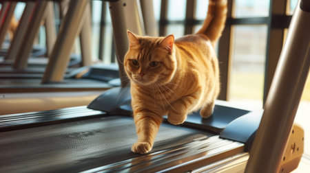 A plump cat exercises on a treadmill in a gym, demonstrating dedication to health and wellness, Ai Generatedの素材