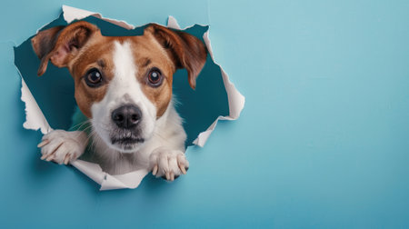 A funny dog gazes through a torn hole in a vibrant pastel color paper backdrop, Ai Generatedの素材