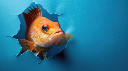 A funny fish gazes through a torn hole in a vibrant pastel color paper backdrop, Ai Generatedの素材