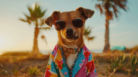 With fashionable flair, a dog gazes into the camera, adorned in colorful attire and sunglasses. Ai Generated.の素材