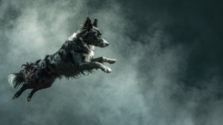 A domestic dog captured mid-air as it jumps with exuberance and enthusiasm, Ai Generatedの素材