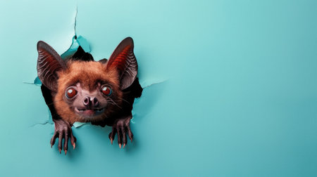 A funny bat gazes through a torn hole in a vibrant pastel color paper backdrop, Ai Generatedの素材