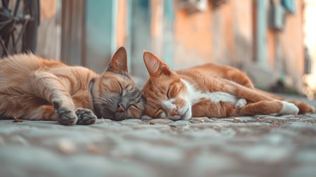 In a harmonious moment, a dog and cat lie on their backs together, sharing playful companionship. Ai Generated.の素材