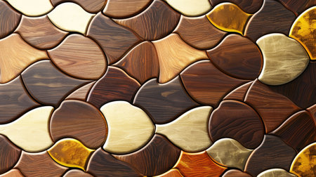 Transform your room with a 3D wallpaper imitating intricate wood and gold mosaic patterns. Ai Generated.の素材