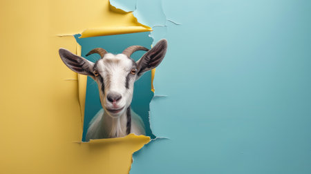 A funny goat gazes through a torn hole in a vibrant pastel color paper backdrop, Ai Generatedの素材