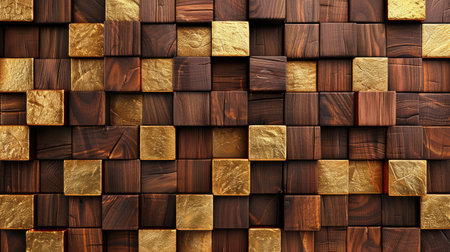 Transform your room with a 3D wallpaper imitating intricate wood and gold mosaic patterns. Ai Generated.の素材