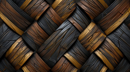 Transform your room with a 3D wallpaper imitating intricate wood and gold mosaic patterns. Ai Generated.の素材