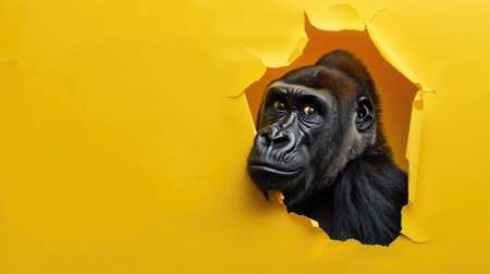 A funny gorilla gazes through a torn hole in a vibrant pastel color paper backdrop, Ai Generatedの素材