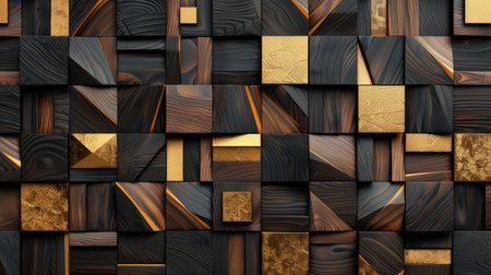 Transform your room with a 3D wallpaper imitating intricate wood and gold mosaic patterns. Ai Generated.の素材