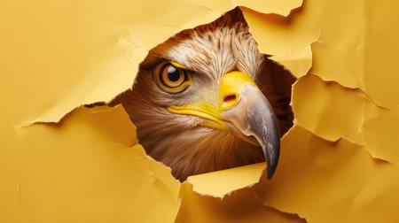 A funny eagle gazes through a torn hole in a vibrant pastel color paper backdrop, Ai Generatedの素材