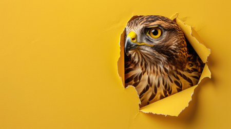 A funny hawk gazes through a torn hole in a vibrant pastel color paper backdrop, Ai Generatedの素材