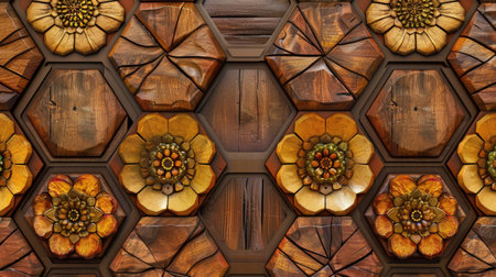 Transform your room with a 3D wallpaper imitating intricate wood and gold mosaic patterns. Ai Generated.の素材