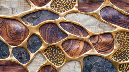 Transform your room with a 3D wallpaper imitating intricate wood and gold mosaic patterns. Ai Generated.の素材