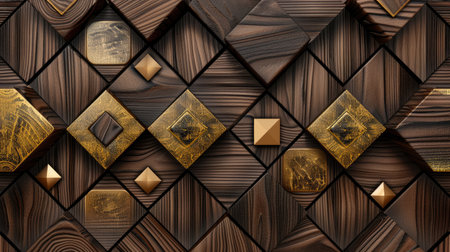 Transform your room with a 3D wallpaper imitating intricate wood and gold mosaic patterns. Ai Generated.の素材