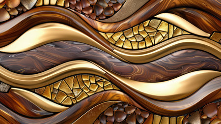 Transform your room with a 3D wallpaper imitating intricate wood and gold mosaic patterns. Ai Generated.の素材