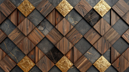 Transform your room with a 3D wallpaper imitating intricate wood and gold mosaic patterns. Ai Generated.の素材