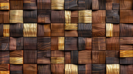 Transform your room with a 3D wallpaper imitating intricate wood and gold mosaic patterns. Ai Generated.の素材