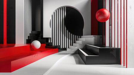 Dynamic abstract geometric presentation in black, white, and red, Ai Generated.の素材