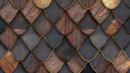 Transform your room with a 3D wallpaper imitating intricate wood and gold mosaic patterns. Ai Generated.の素材