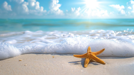 sandy tropical beach, rolling waves, and a lone starfish. Ai Generatedの素材