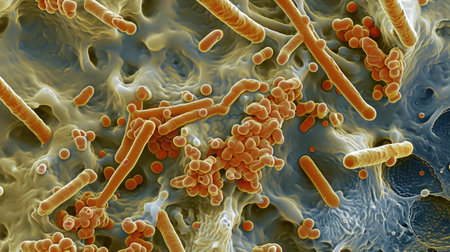 Detailed macro image reveals microorganisms with thin cell walls in linear arrangement, Ai Generated.の素材
