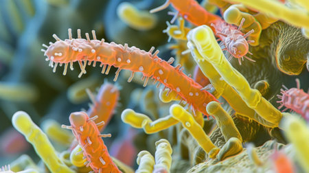 Detailed macro image reveals microorganisms with thin cell walls in linear arrangement, Ai Generated.の素材