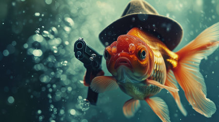 Unexpectedly fashionable goldfish wields a gun with swagger, Ai Generatedの素材