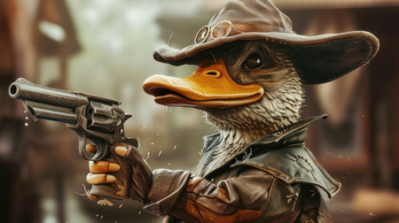 Unexpectedly fashionable duck wields a gun with swagger, Ai Generatedの素材