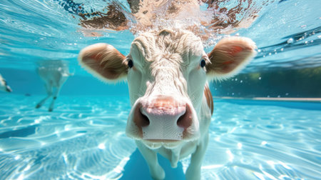 Funny moment captured cow in swimming pool does deep dive, Ai Generated.の素材