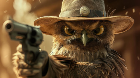 Unexpectedly fashionable owl wields a gun with swagger, Ai Generatedの素材