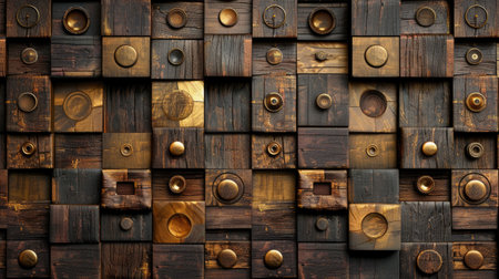 Transform your room with a 3D wallpaper imitating intricate wood and gold mosaic patterns. Ai Generated.の素材