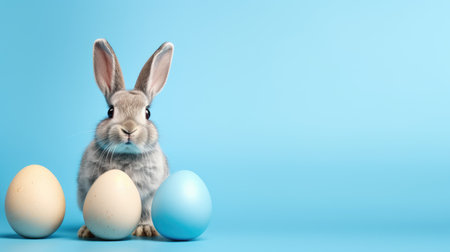 A cute Easter bunny rabbit with a blue painted egg, set against a blue backdrop, symbolizing the Easter holiday, Ai Generatedの素材