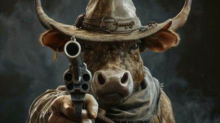 Unexpectedly fashionable ox wields a gun with swagger, Ai Generatedの素材