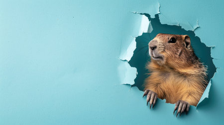 A funny groundhog  gazes through a torn hole in a vibrant pastel color paper backdrop, Ai Generatedの素材
