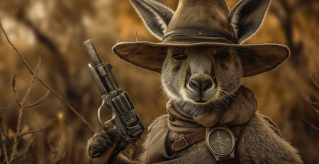 Unexpectedly fashionable kangaroo wields a gun with swagger, Ai Generatedの素材
