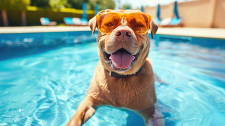 Relaxing by the poolside, a dog savors its vacation, soaking up the sun and fun. Ai Generated.の素材