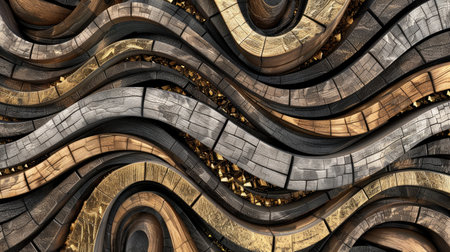 Transform your room with a 3D wallpaper imitating intricate wood and gold mosaic patterns. Ai Generated.の素材