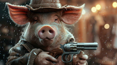 Unexpectedly fashionable pig wields a gun with swagger, Ai Generatedの素材