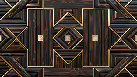Transform your room with a 3D wallpaper imitating intricate wood and gold mosaic patterns. Ai Generated.の素材