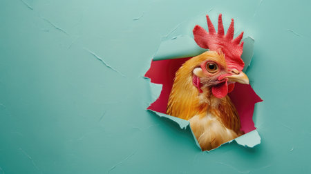 A funny chicken gazes through a torn hole in a vibrant pastel color paper backdrop, Ai Generatedの素材