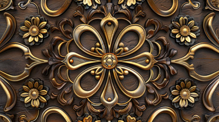 Transform your room with a 3D wallpaper imitating intricate wood and gold mosaic patterns. Ai Generated.の素材
